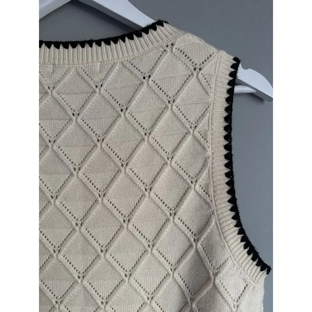 Adrianna Papell Vest Cream Black Trim Diamond Knit Size S Old Money Preppy